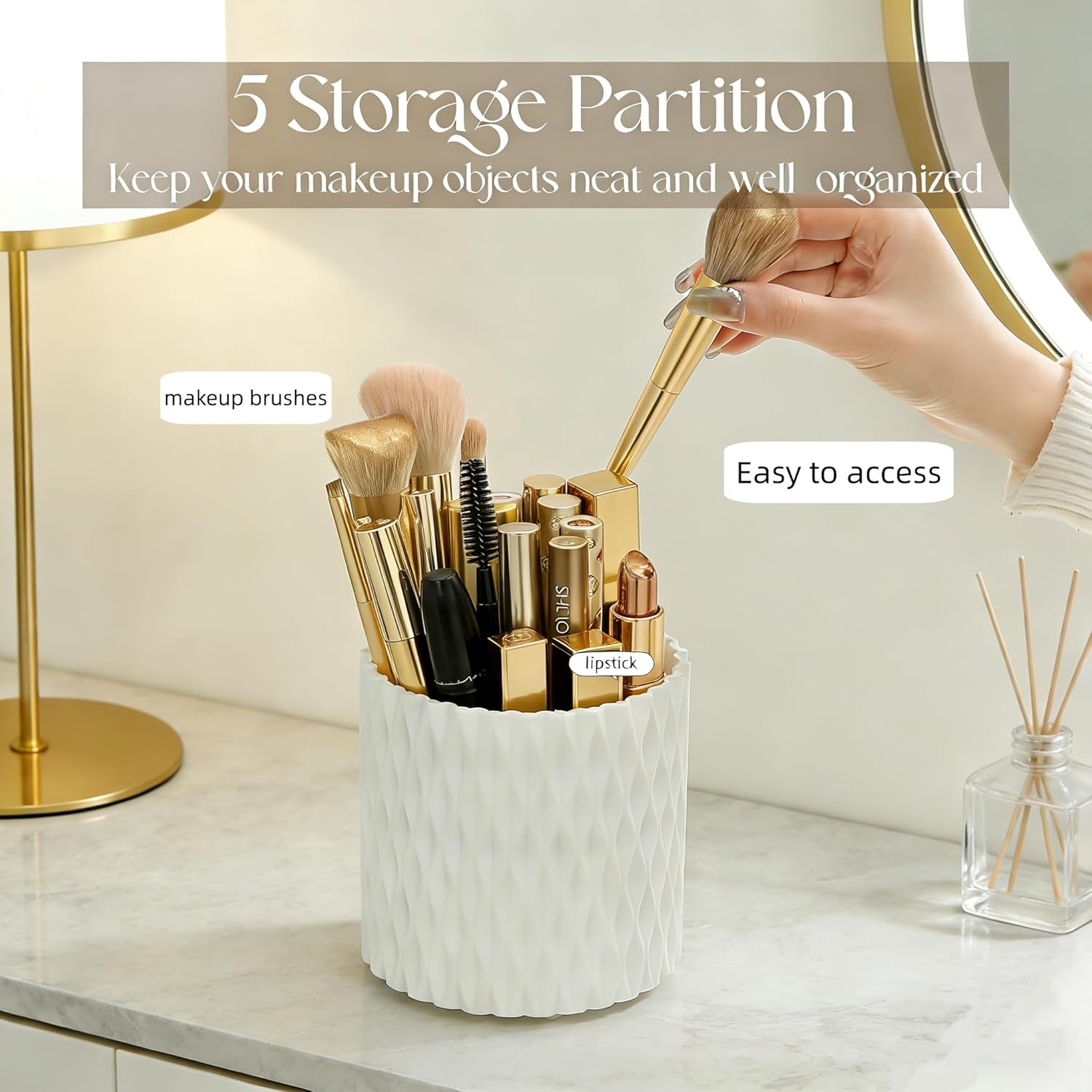 Makeup Brush Holder Organiser, Rotating Make up Brushes Storage Container, Cosmetics Storage Organizer Holders with 5 Compartment for Vanity Desktop Bathroom Countertop