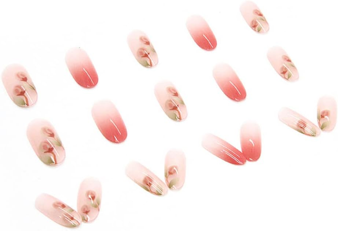 Rikview French Tip Press on Nails Medium Almond Nails 24 PCS Pink Flowers Design image number 3