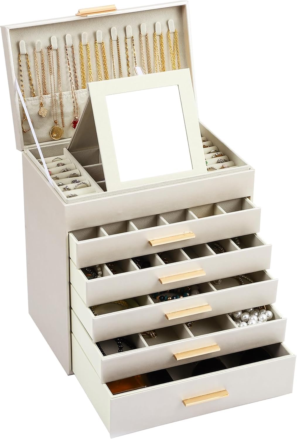 Large Jewelry Organizer Box for Women with Mirror &ndash; 6-Layer Storage Case with Drawers, Hooks & Dividers for Rings, Necklaces, Bracelets, Ideal for Women (White)