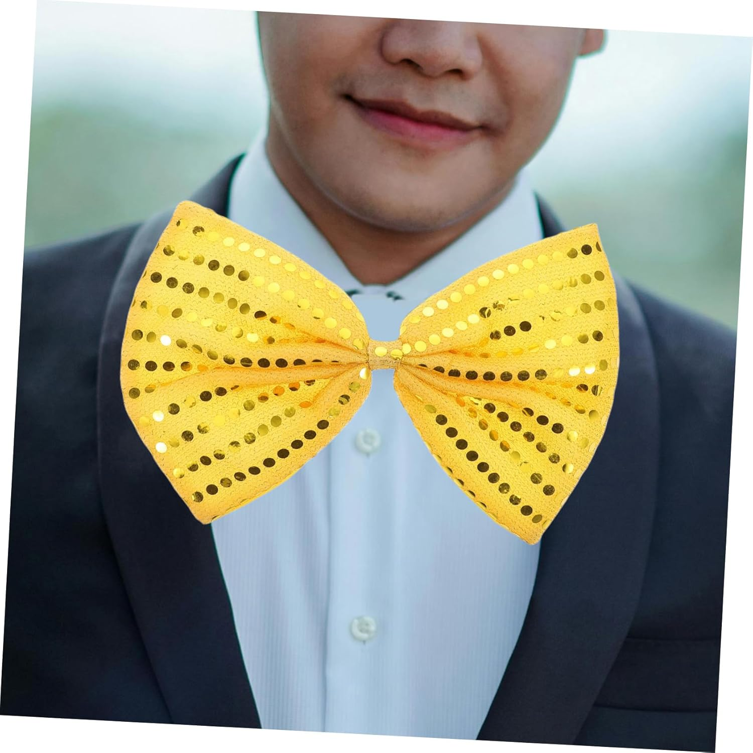 JEWEDECO Sparkly Oversized Sequin Bow Tie for Men Pre Tied Large Glitter Bowknot Accessory for Masquerade Carnival Holiday Parties Theatrical Performances - Golden image number 4