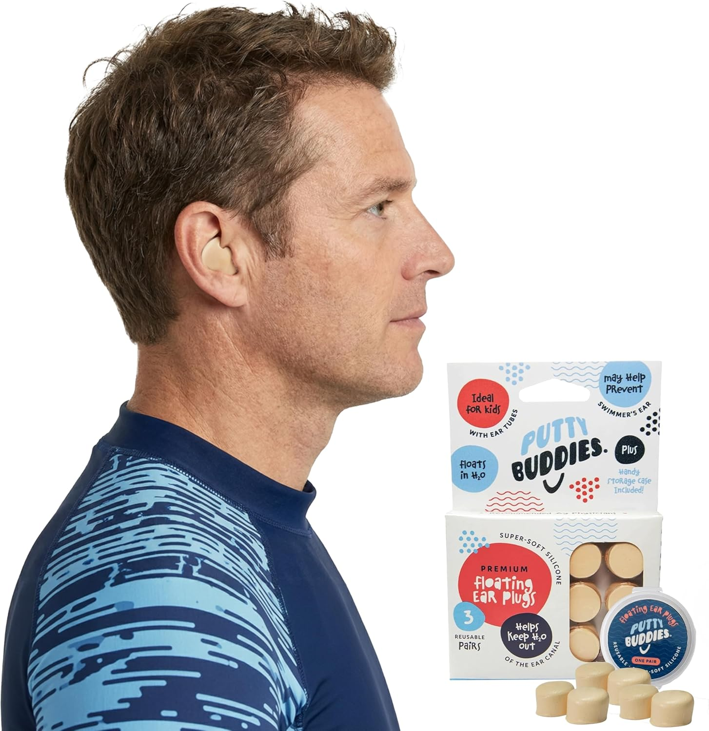 3-Pair Pack of PUTTY BUDDIES Floating Formula Soft Silicone Ear Plugs for Swimming/Bathing - Tan