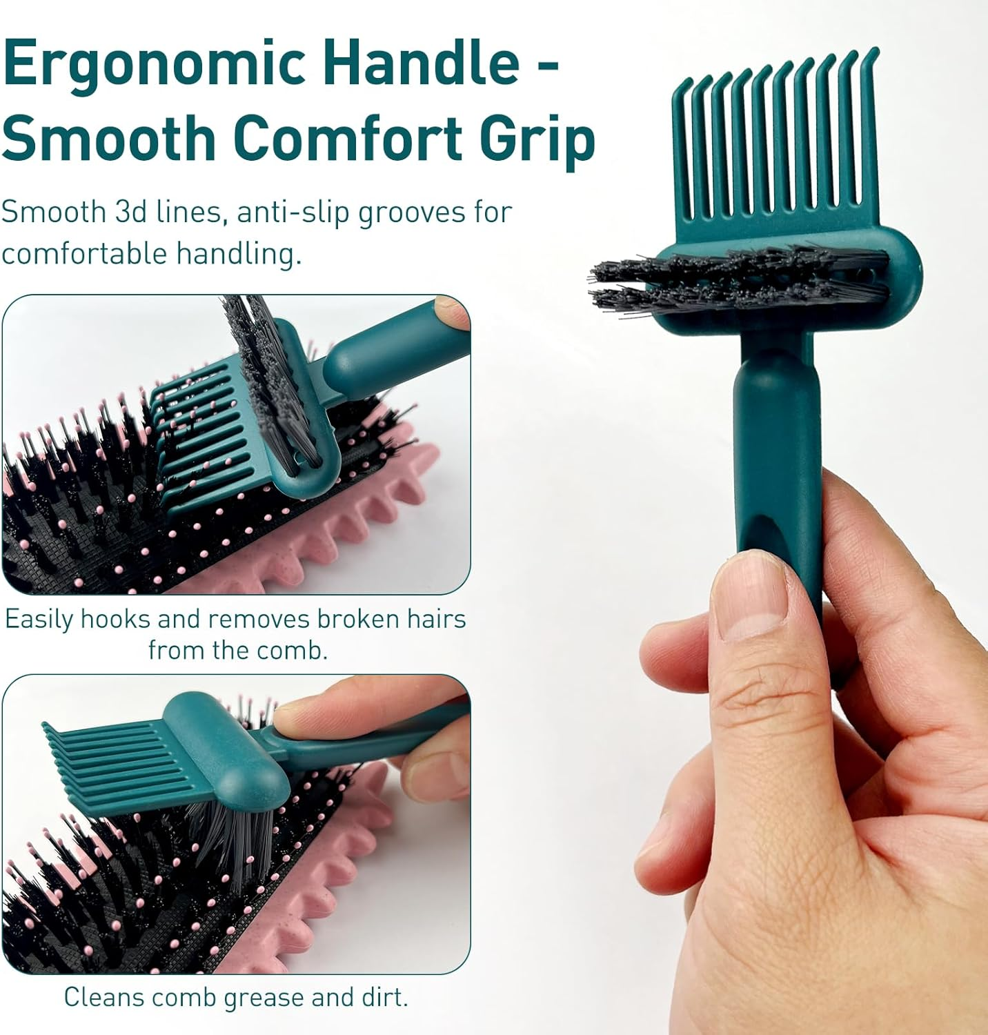 Jaasuee 2-In-1 Hair Brush Cleaning Tool, Green Hairbrush Cleaner and Rake for Removing Hair and Dust, Durable and Ergonomic Design for Home and Salon Use (1 Pack) image number 2
