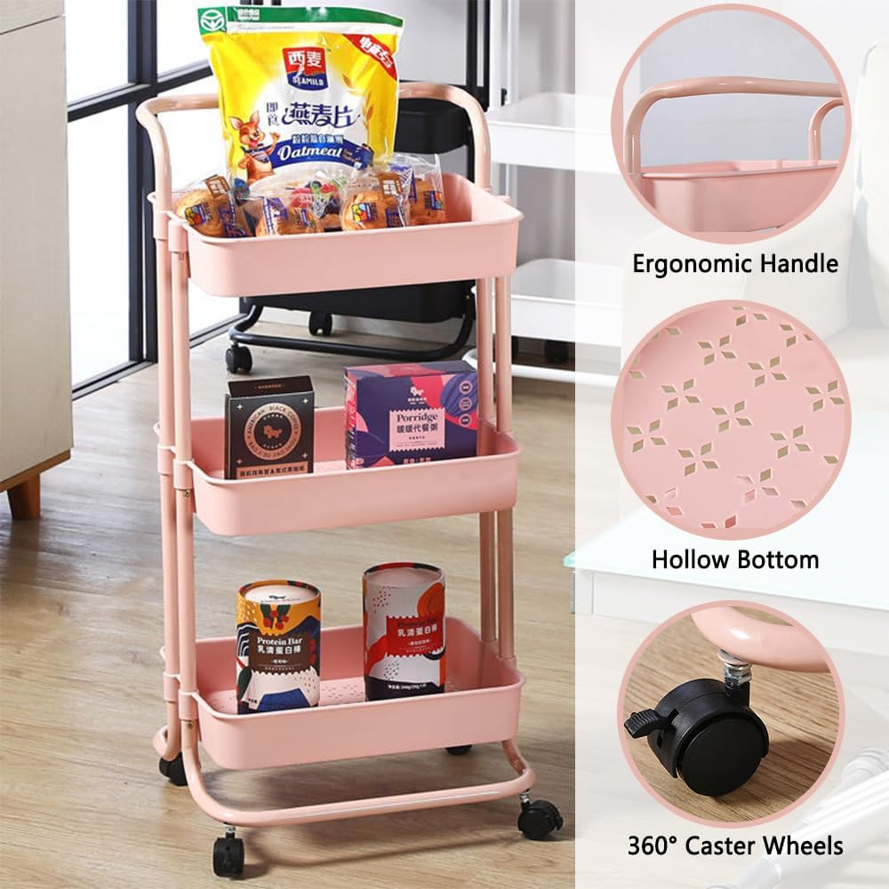3 Tier Rolling Cart, Mobile Utility Cart with Handle, Multifunctional Organizer Storage Trolley, Storage Shelves for Office, Kitchen, Craft Room (Pink) image number 6