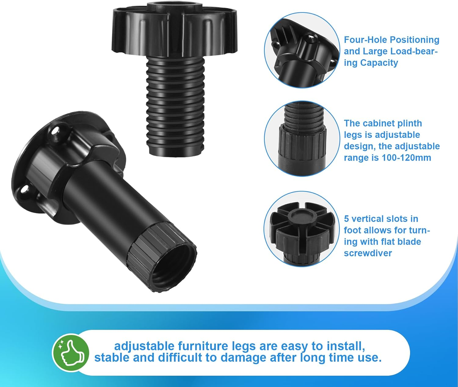 JUMXSRLE Cabinet Legs, Plastic Adjustable Cabinet Feet Levelers Kick Board Clips, Leveling Feet Adjustable Furniture Legs for Cabinets, Sofas, Kitchen Furniture - Adjusts from 100-120Mm/3.94"-4.72" image number 1