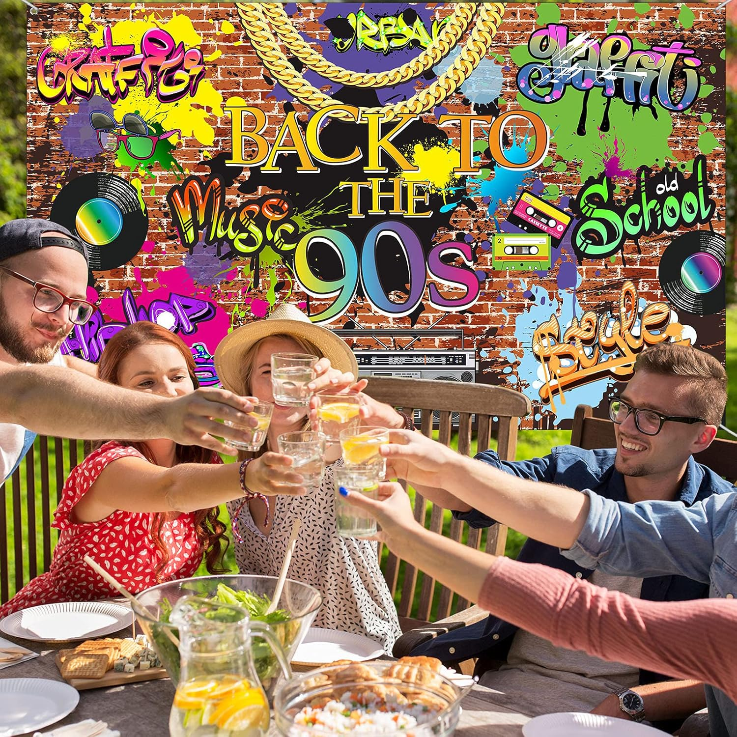 90'S Backdrop Hip Hop Graffiti 90S Party Decorations 5.9 X 3.6 Ft Back to the 90'S Themed Party Banner Brick Wall Retro Radio Photography Background Vinyl Fabric Wall Table Decors Photo Booth Props image number 4