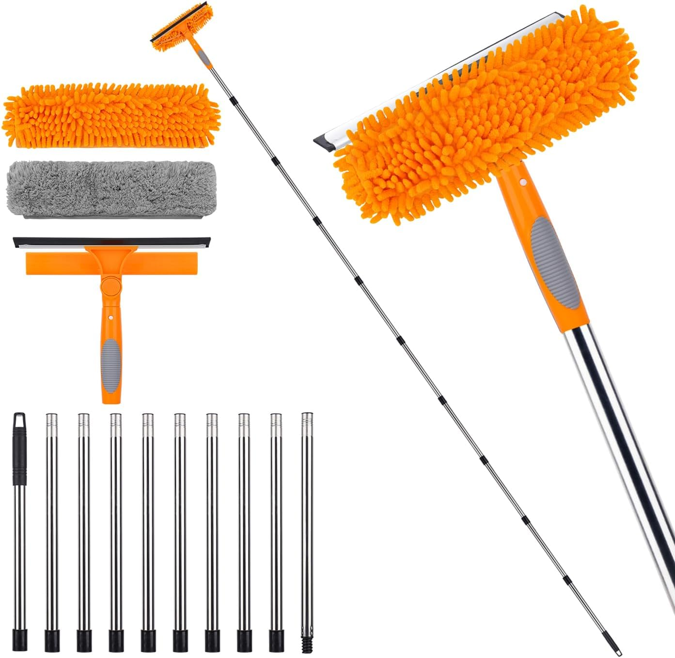 13Ft Extendable Window Cleaner, 2-In-1 Window Cleaning Equipment, Telescopic Long Window Cleaning Tool for High Windows Car Glass, with 2 Orange Microfiber Cloth & Squeegee Blade image number 4