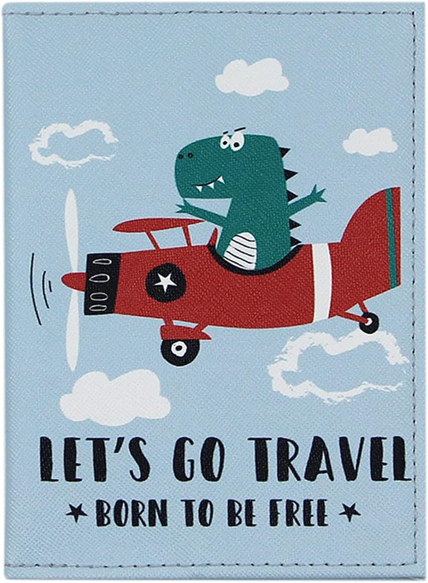 Cute Vegan Leather Passport Holder Cover World Map Travel One Pocket Passport Case Wallet for Kids Teens Adults, Dino-Blue-Plane, One Size, Compact - Croc-Surfing image number 3