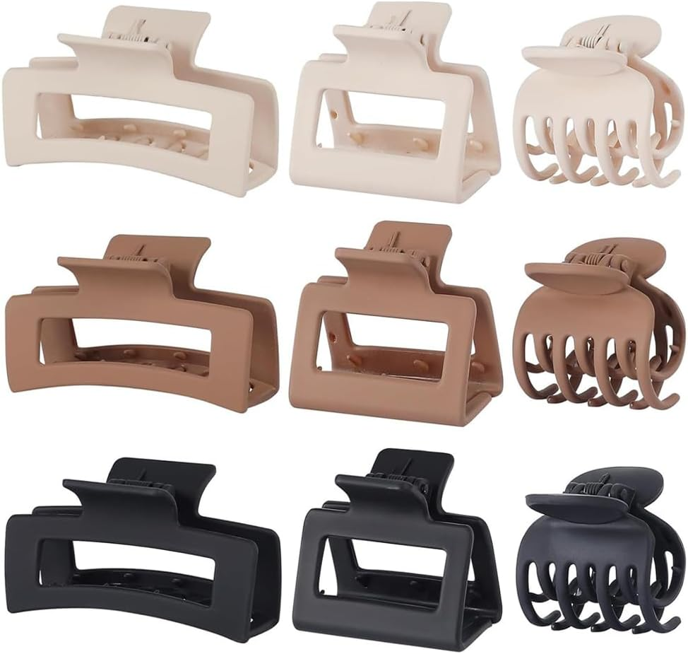 Medium Hair Claw Clips Set for Women Girls - 3 Styles, 9Pcs Rectangle Square and Double Row Teeth Hair Clips for Thick Thin Hair - Nonslip Jaw Clips (Beige, Brown, Black) image number 2