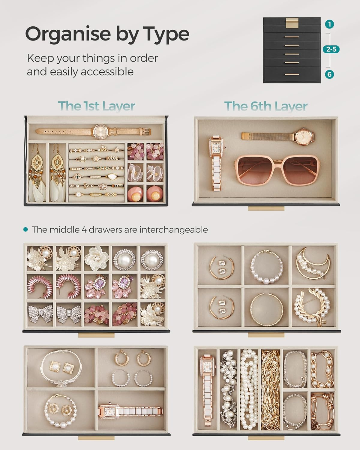 SONGMICS JBC171B01 6 Tier Jewellery Box with Glass Lid 5 Drawers Sunglasses Large Jewellery Storage Modern Graphite Black Gold - Graphite Black + Golden image number 3