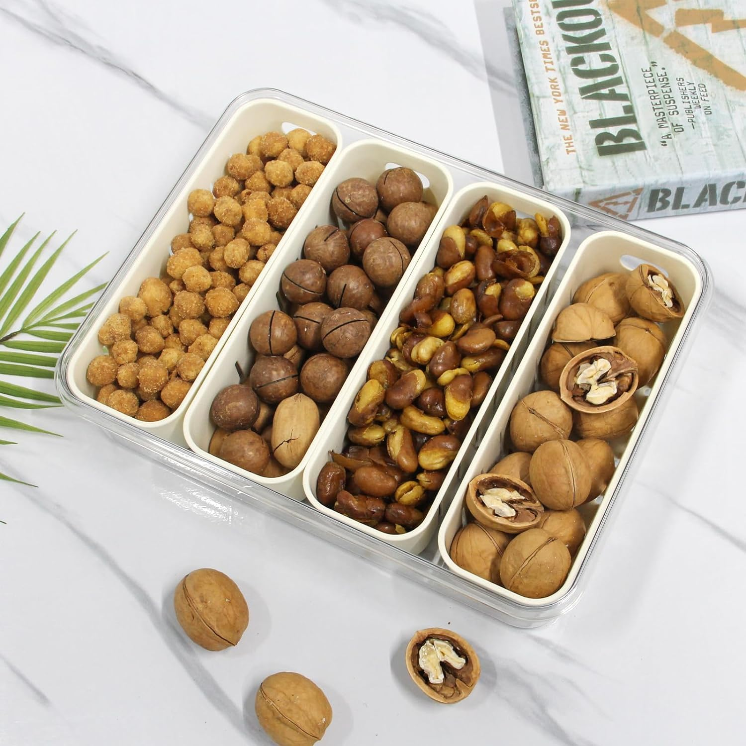 Divided Serving Tray with Lid & Handle, 4 Compartments Snacks Box, Snack Fruit Fresh-Keeping Tray, Veggie Tray, Portable Snack Platter for Candy Fruits Nuts Snack Party Entertaining Picnic image number 4