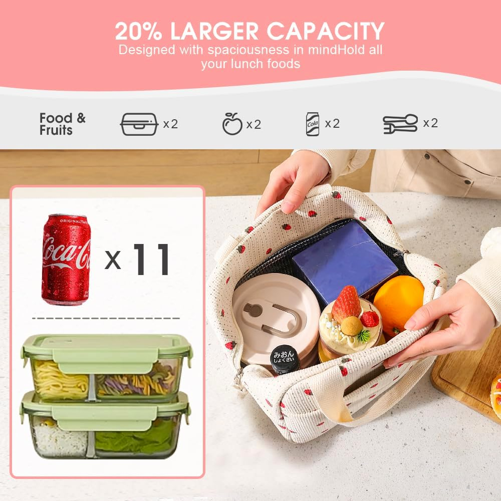 Insulated Lunch Bag for Kids & Adults, Reusable Corduroy Lunch Box Tote Bags, Leakproof Cooler Bag for Work Office Picnic School Travel BBQ, Large Capacity & Cute Design (Beige Strawberry) - Beige Strawberry image number 5