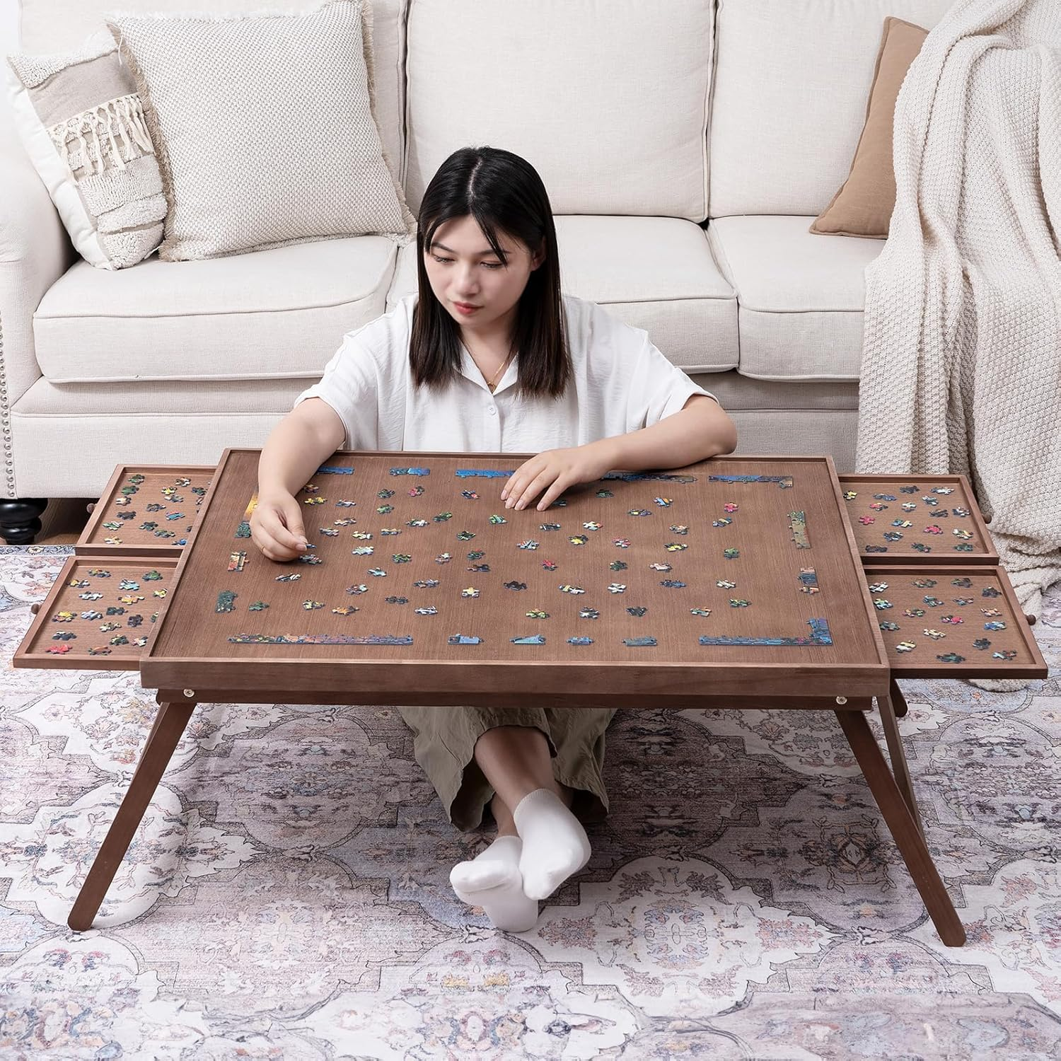 TEAKMAMA 1500 Piece Wooden Jigsaw Puzzle Board with 4 Drawers, Folding Puzzle Table with Protective Cover, Multifunctional Puzzle Board for Adults, 34W X 26.3D, Chocolate Brown image number 3