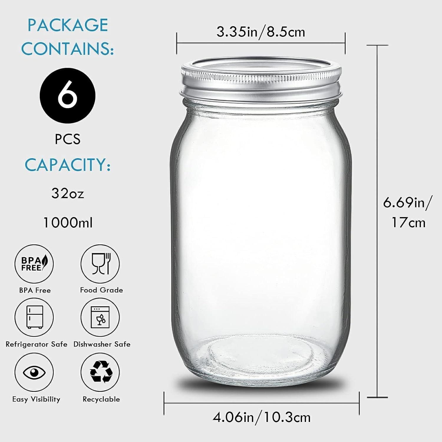 YOZOTI Glass Mason Jars, 6 Pack 32 Oz Wide Mouth with Lids and Bands, 6 White Plastic Lids, Clear Glass