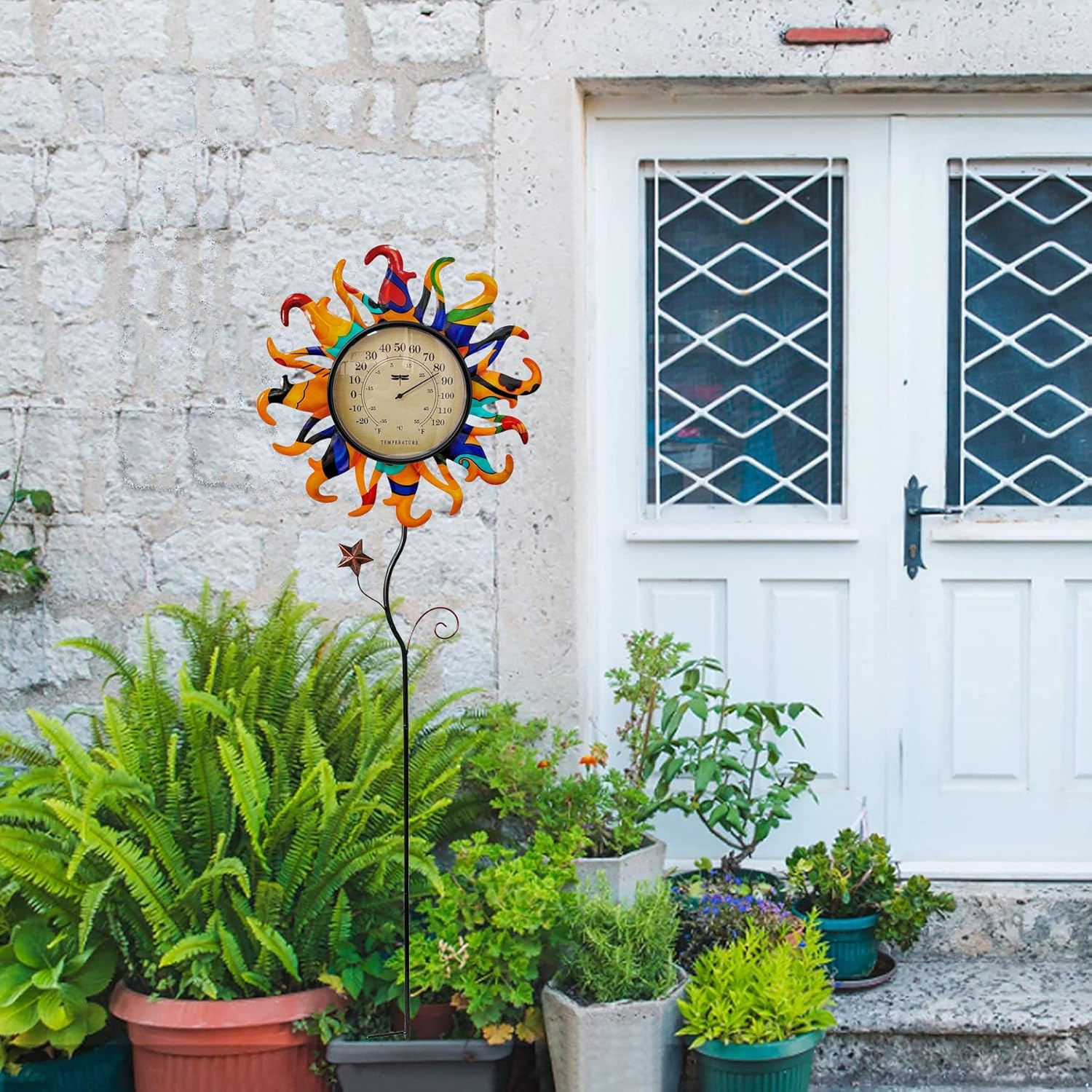 Metal Sun Thermometer Indoor Outdoor Ornament Wall Art Decor, Sun Plaque Sculpture Hanging Mounted for Living Room Bedroom Kitchen Patio for Home or Garden, No Battery Required (ORANGE SUN STAKE) - Orange image number 2