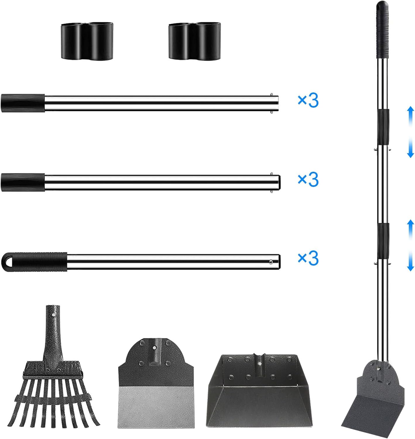 Kakeyrun 3-In-1 Dog Pooper Scooper Set, Tray Rake, and Spade 3 Pack Poop Scoop Adjustable Long Handle Metal with Tray for Pet Waste Removal, No Bending Clean up for Small Medium Dogs (Black) image number 4