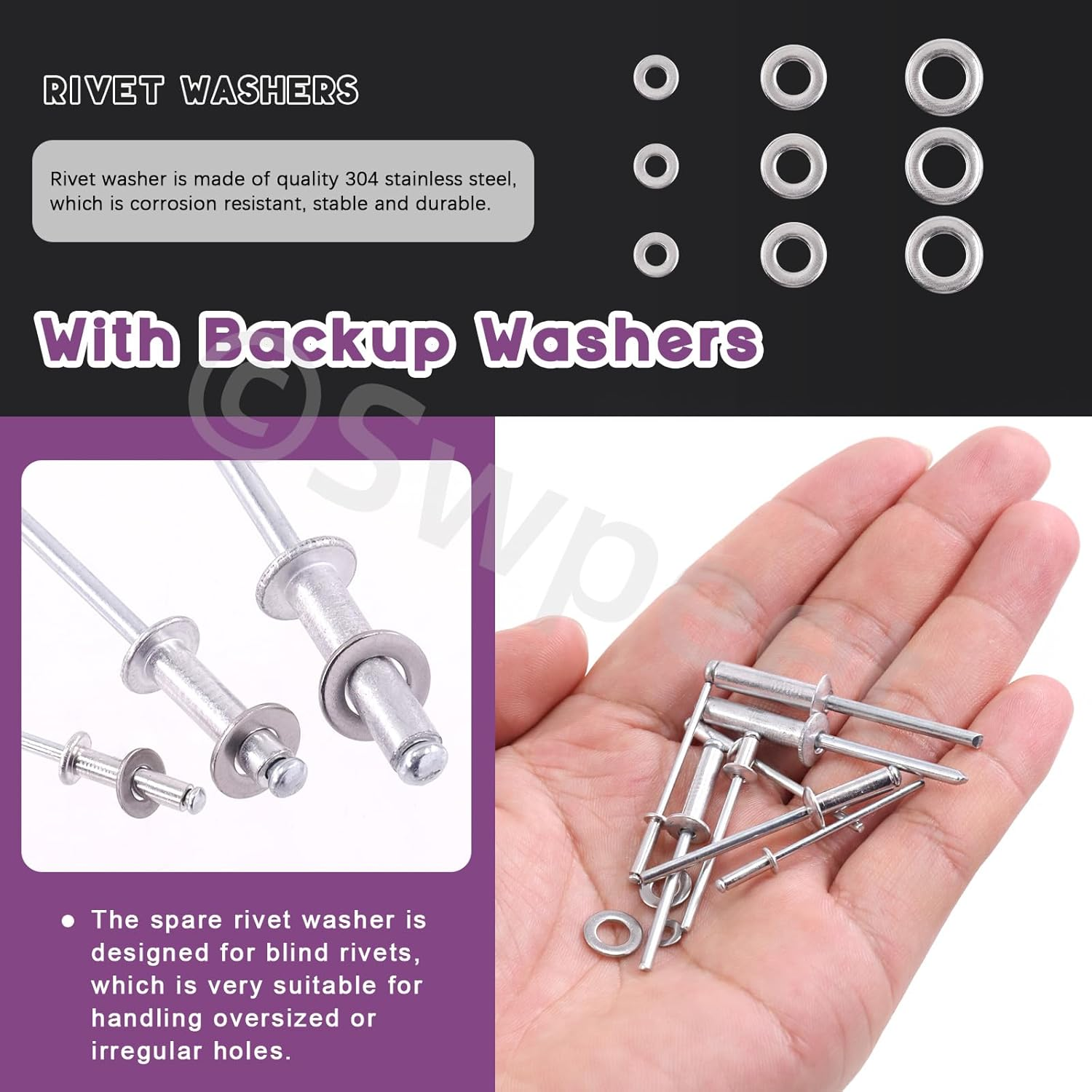 Swpeet 560Pcs Silver 3/32" 1/8" 5/32" 3/16" Pop Rivets Assortment Kit with Stainless Steel Backup Washers, Assorted Aluminum Blind Rivets with Divider Labeled Case for Storage - Silver image number 5