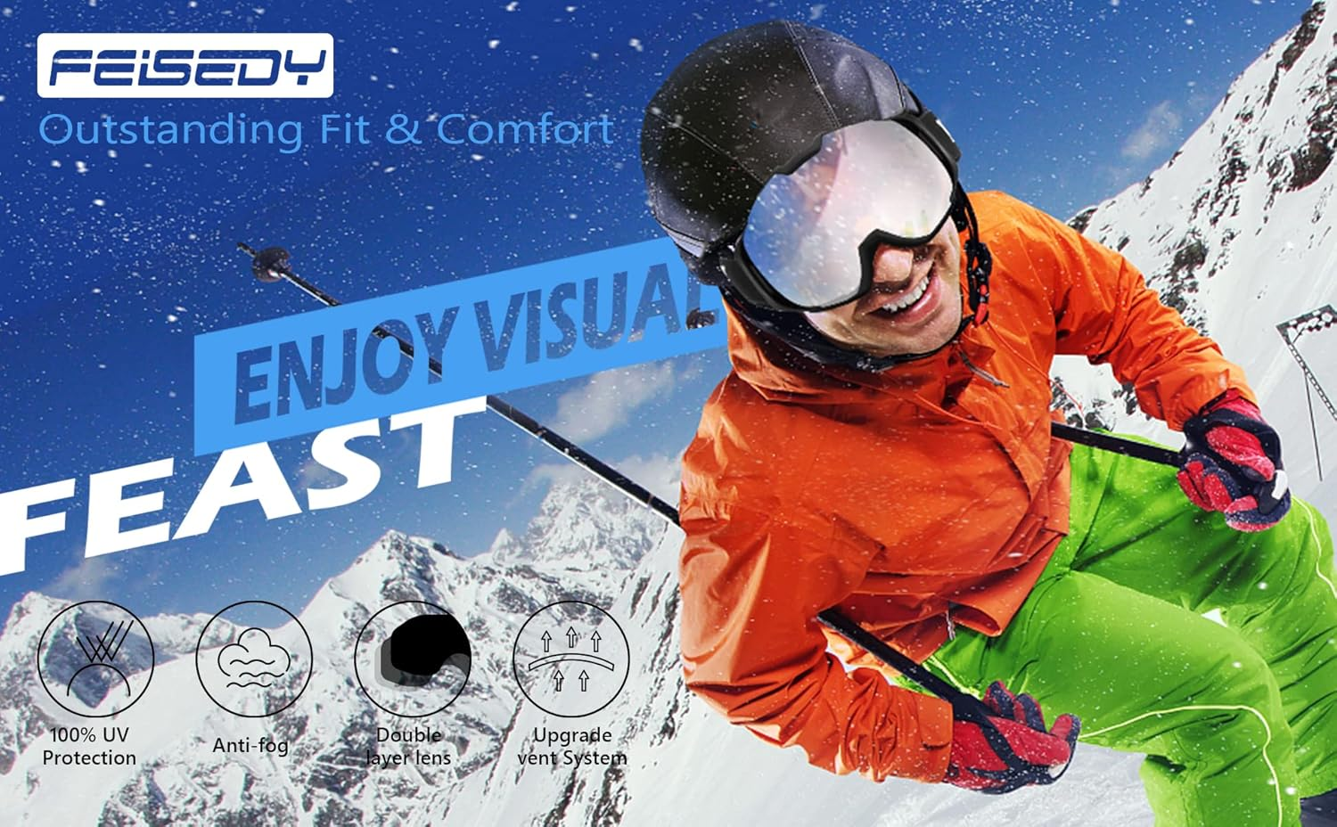 FEISEDY Ski Goggles, anti Fog UV400 Protection Snowboard Snow Goggles for Men Women Adult B2961 - Pink Mirrored Vlt 45 image number 7