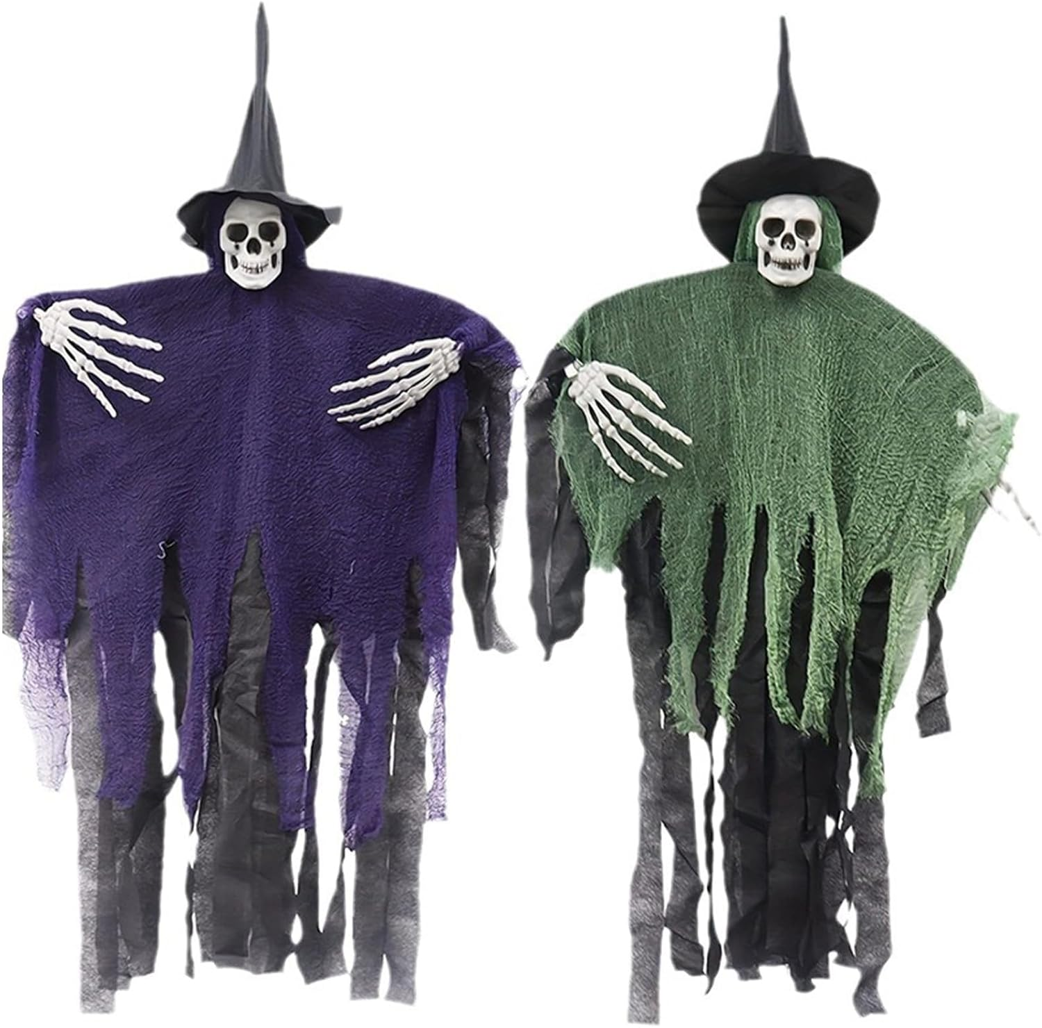 Halloween Decorations Outdoor, 2 Pack Halloween Hanging Witch, 41Inch Hanging Skeleton Ghost,Scary Flying Ghost with Wizard Hat for Haunted House Decor, Patio Porch Skull Prop (Purple+Green) image number 3