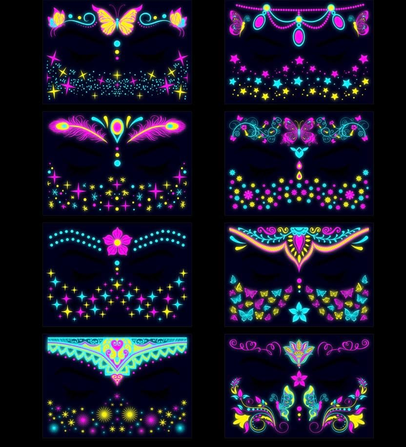 Luminous Face Tattoo Stickers Body Glow in the Dark Fluorescent Face Rhinestone Tattoo Temporary Tattoo Sparkly UV Neon Mask Tattoo Rave Festival Accessory Party (8 PCS) image number 2
