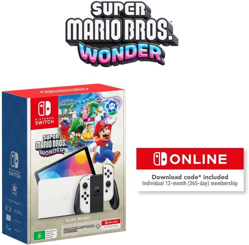 Nintendo Switch OLED Model White Super Mario Bros. Wonder + NSO 12 Months Hardware Bundle - Nintendo Switch