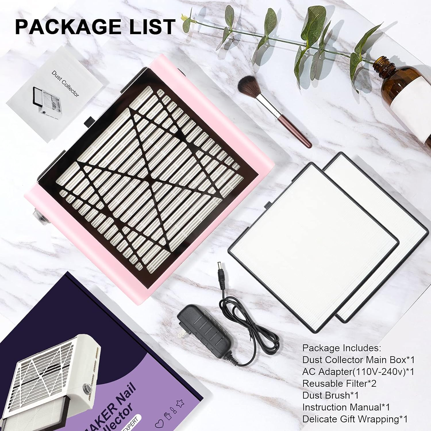 BRANTMAKER Nail Dust Collector with Brush and 2 Reusable Filters, 60W Vacuum Dust Fan for Acrylic Nails (Pink) image number 4