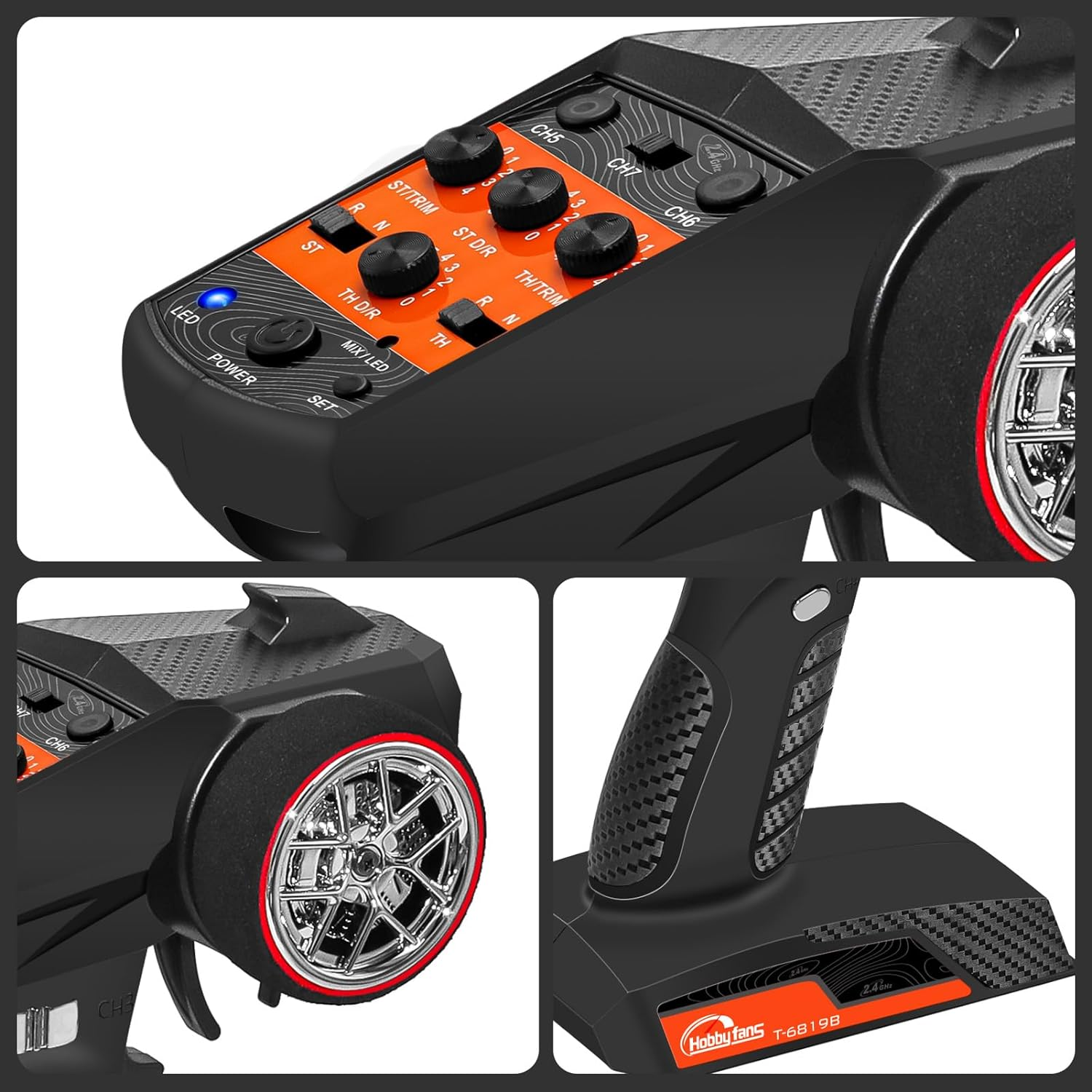 Hobby Fans RC Radio System 7CH 2.4G RC Transmitter with Receiver Anti-Jamming Remote Controller for RC Car Crawler Boat, Button image number 1