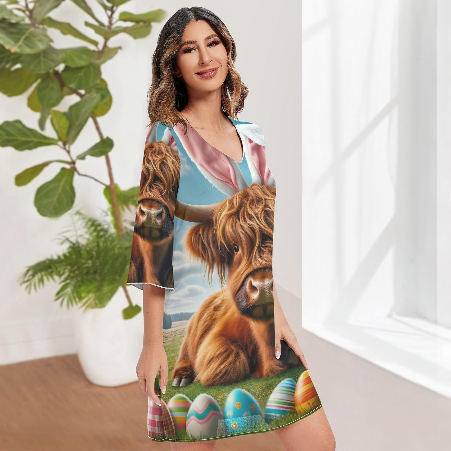 Easter Cute Highland Cow Chiffon Dress Printed Chiffon Line Maternity Dress