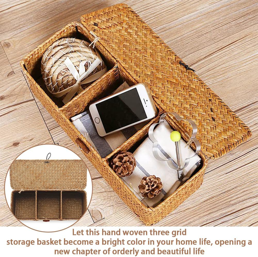 Seagrass Tank Basket with Lid Woven Toilet Roll Storage Basket with Sections Rectangular for Organize Snack Toys, Large Compartment, 16.5X4.7X4.3Inch image number 5