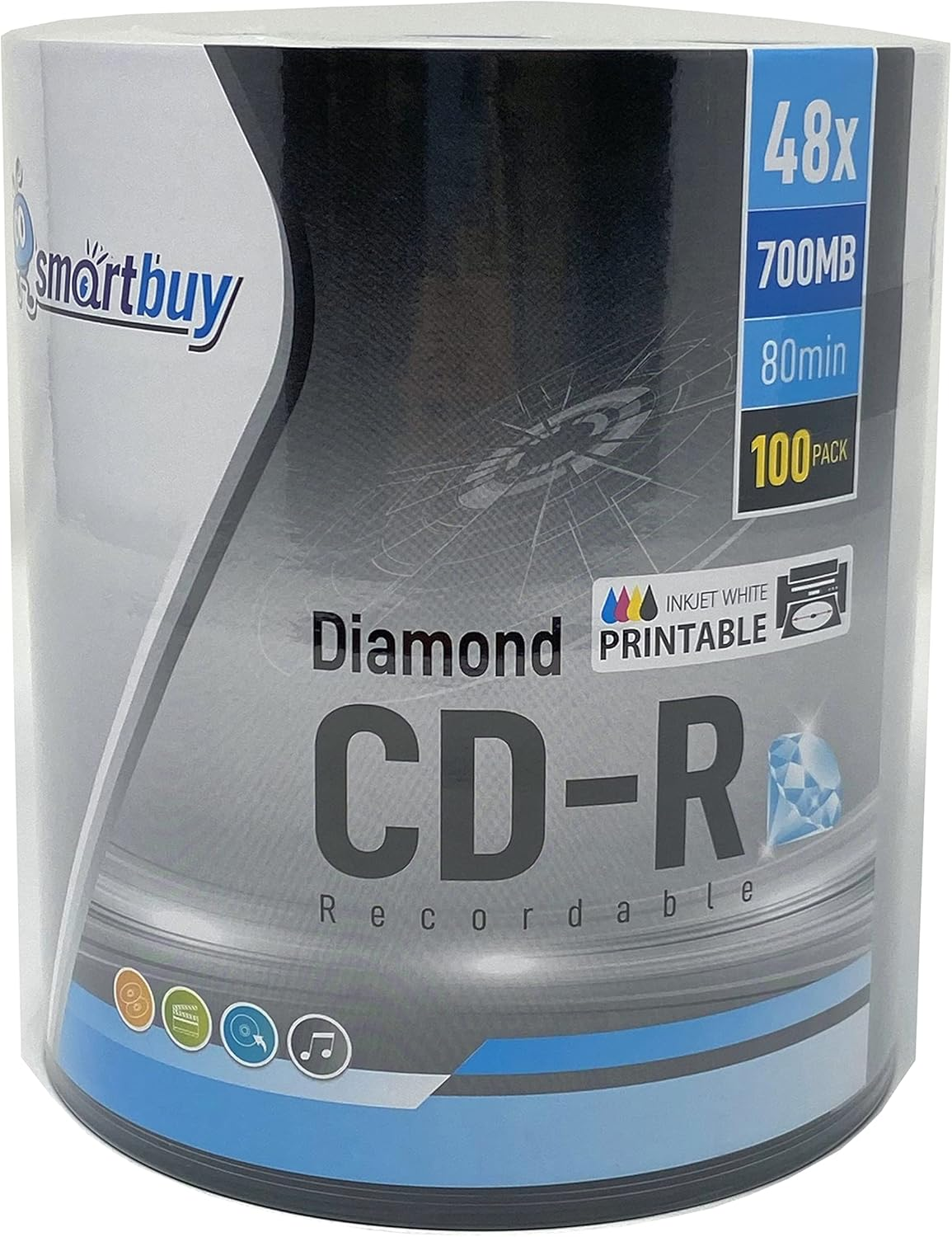 100 Pack Smartbuy Diamond CD-R 48X 700Mb/80Min White Inkjet Hub Printable Top with Silver Diamond Bottom Blank Data Recordable Disc image number 2