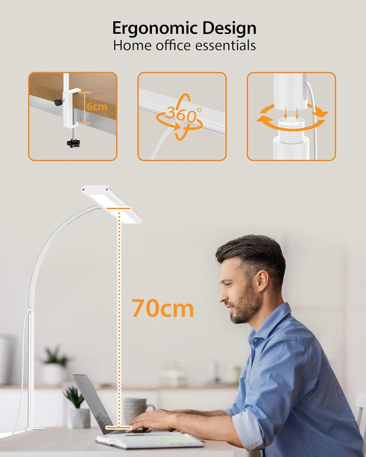 Clamp Desk Lamp with Adjustable Brightness, Eye-Caring LED, Rotatable Head, USB Powered, Space-Saving Design for Office, Reading, Work, and Home Desktop Lighting - White image number 2