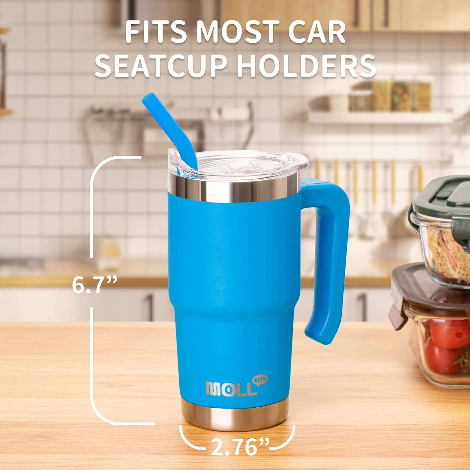 Mollcity 16 Oz Tumbler with Straw Stainless Steel Double Wall Vacuum Insulated Coffee Cup with Lid and Handle-Reusable Travel Mug for Women, Girls(Sky Blue) image number 1