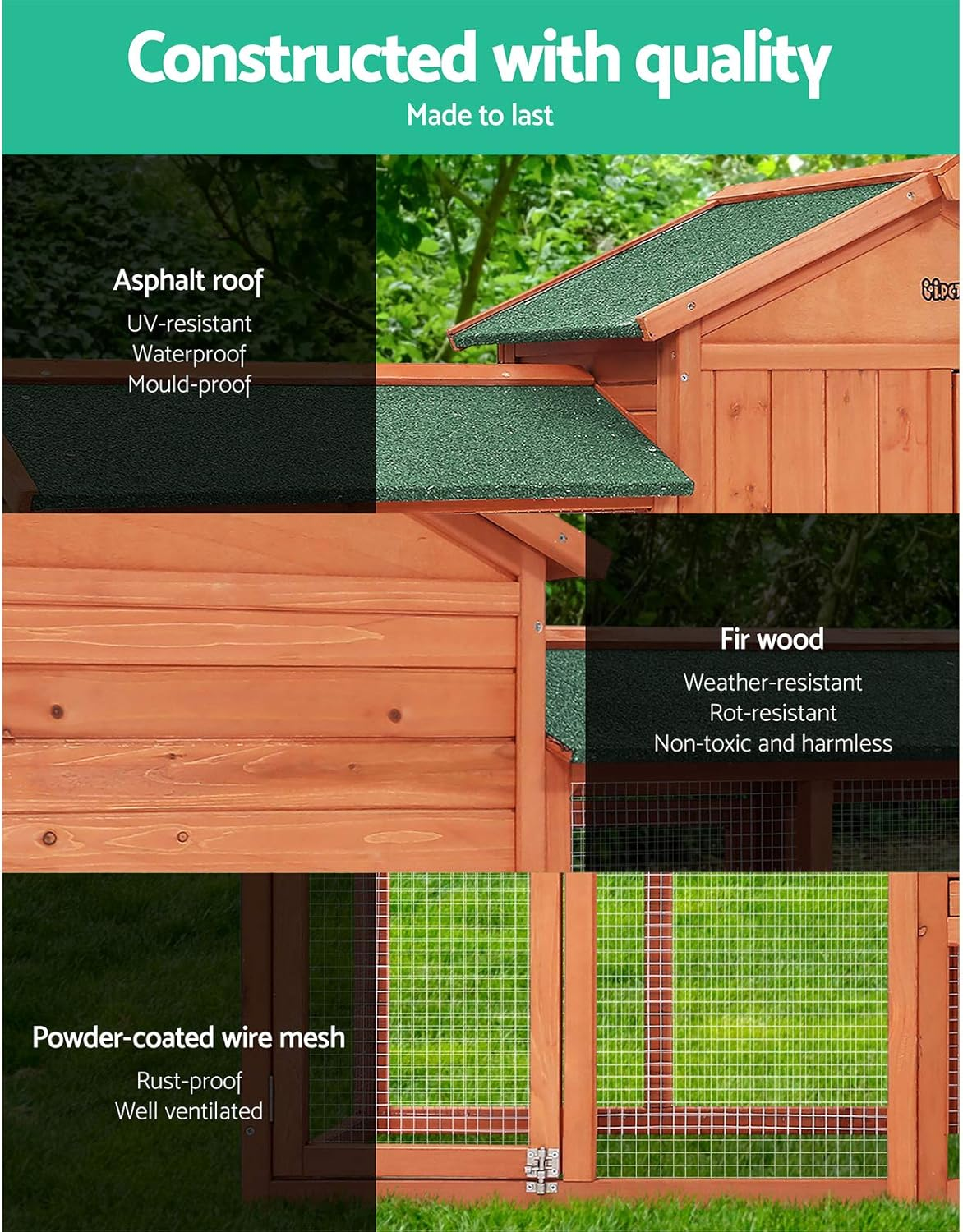 I.Pet Chicken Coop Large Rabbit Hutch, Coops Wooden Pet House Run Cage Walk in Door Guinea Pig Ferret Feeder Bunny Hen Chook, Outdoor Weatherproof Metal Roof Tray Ladder Hatch Nesting Box Farm DIY image number 1