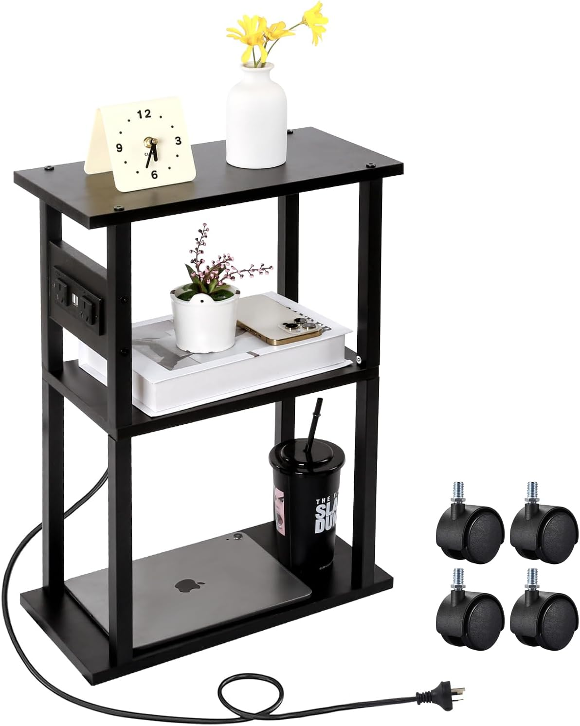 Viviendo 3-Tier Side Table, Industrial End Table for Living Room, Bedside Tables with Storage Shelves, Rustic Wooden Nightstand with Metal Frame