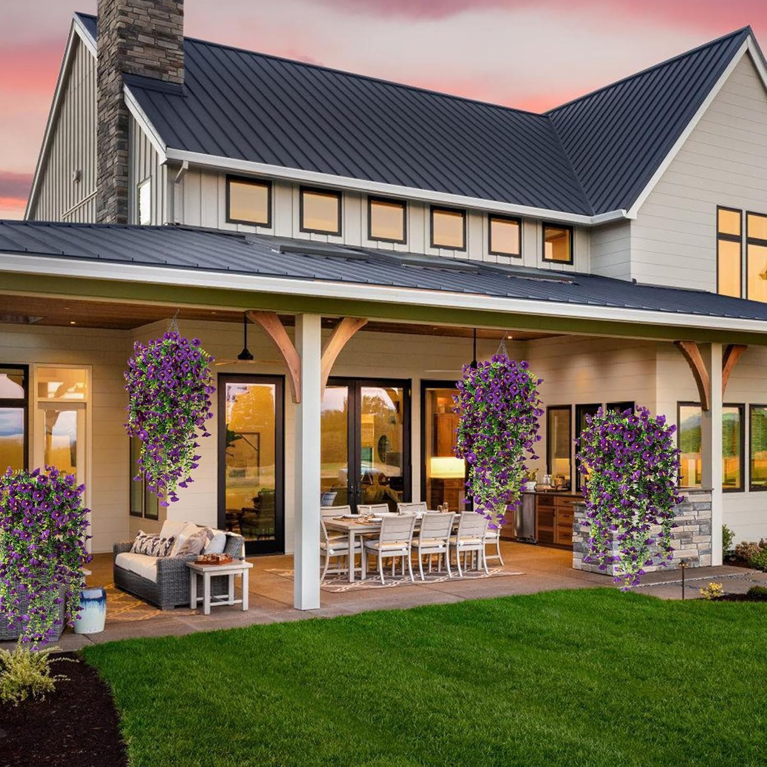 Artificial Hanging Flowers for Outdoors, 5Pcs UV Resistant Faux Petunias, Realistic Fake Silk Long Vines Morning Glory Eucalyptus for outside Indoor Planter Porch Patio Home Decor (Purple) image number 5