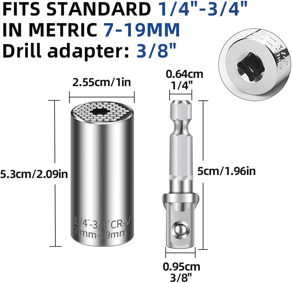 Skycabin Universal Socket Wrench Set with Power Drill Adapter Fits Most Nuts & Bolts,1/4'' - 3/4'' (7-19Mm) Super Universal Socket Tool Kit Gifts for Men Husband Dad Father DIY Handyman image number 2
