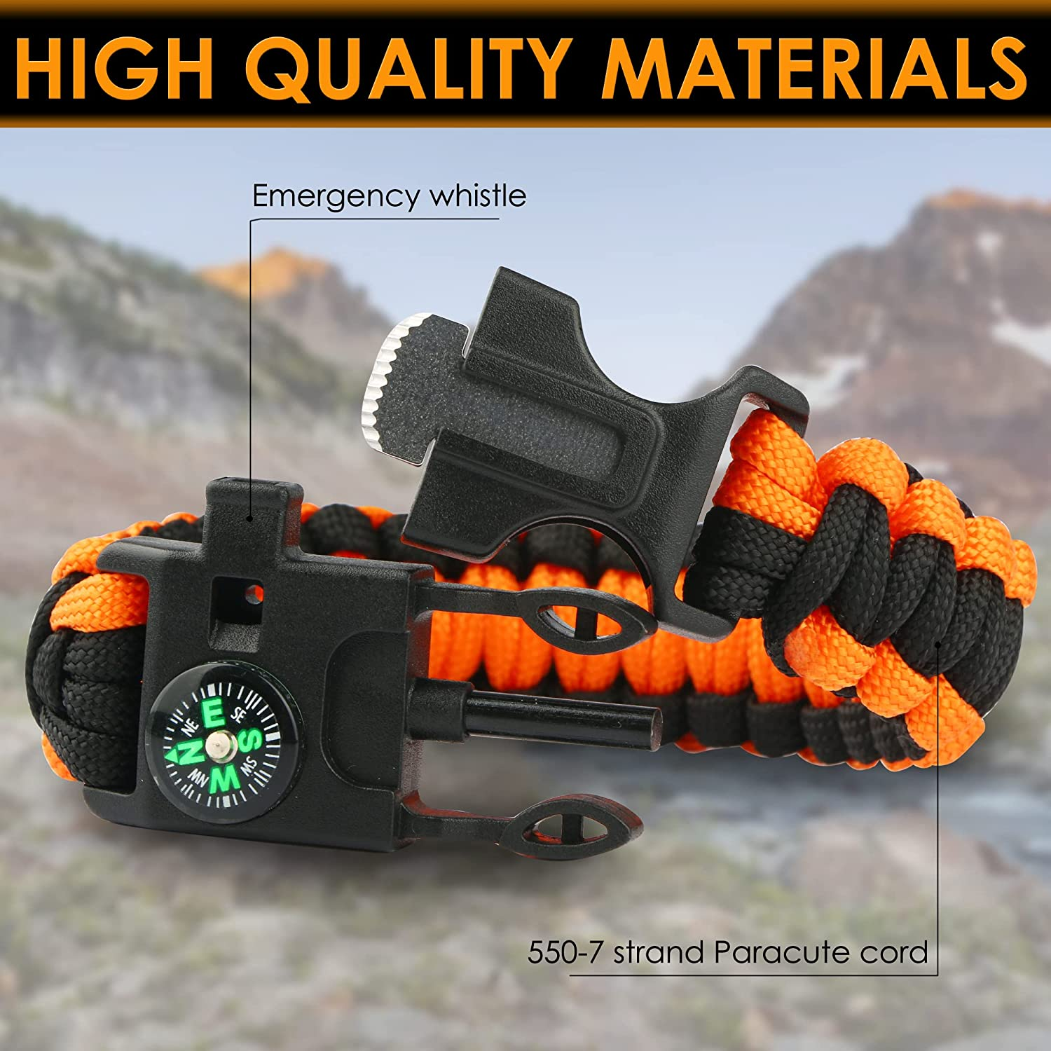 Paracord Bracelet (3 Pack) Kit Outdoor Survival Bracelet Camping Hiking Gear，Multitools, Fire Starter, Compass, and Whistle image number 6