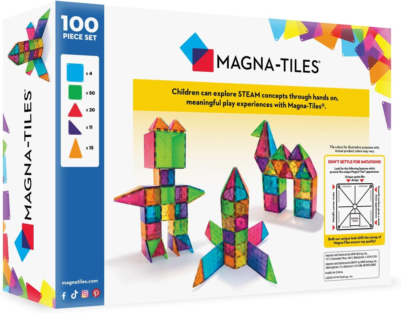 Magna-Tiles 100-Piece Clear Colors Set &ndash; the Original, Award-Winning Magnetic Building Tiles &ndash; Creativity and Educational &ndash; STEM Approved image number 6