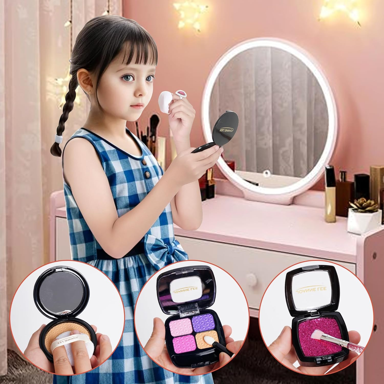 Pretend Makeup Kit for Girls Kids Pretend Play Makeup Set with Exquisite Leather Bag and Gift Box for Birthday Christmas Age 3+ (Not Real Makeup) (21Pcs Pink Kit) image number 4