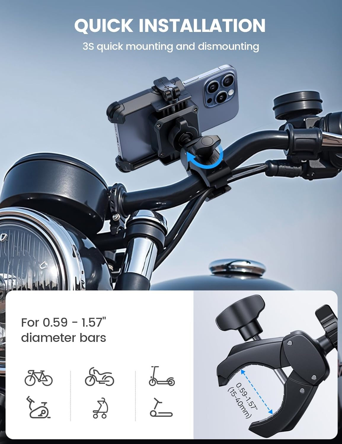Lamicall Motorcycle Phone Mount Holder - [Camera Friendly] [1S Lock] 2025 Upgrade Bike Phone Holder Handlebar Clamp, Bicycle Scooter Smartphone Clip, for Iphone 16 15 14 Pro Max, 13 12 Mini Plus image number 3