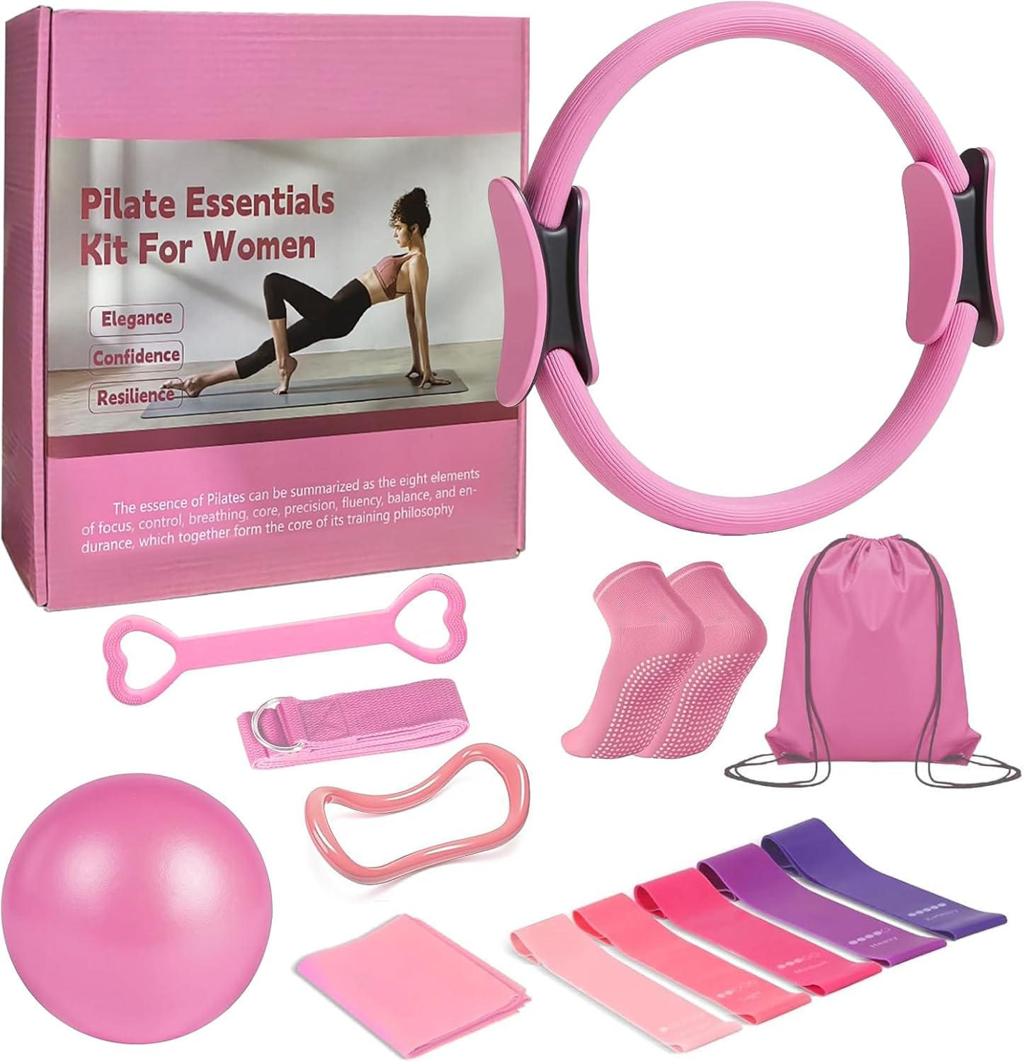 Pilates Ring Essentials Kit for Women, Home Workout Equipment Set with 9.8&rdquo; Ball, Resistance Bands, Magic Circle, Accessories, Pilates Set for Beginners