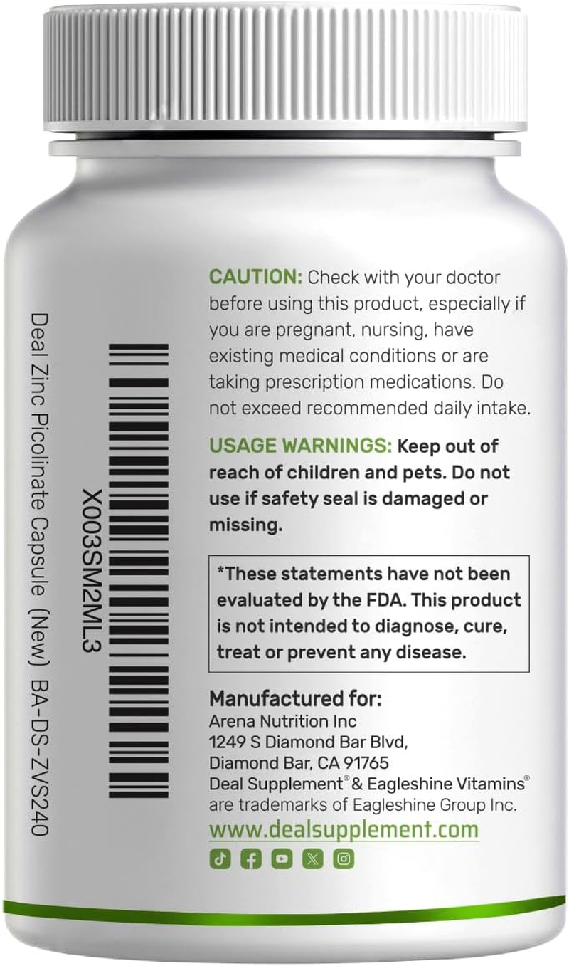 Deal Supplement Zinc 50Mg with Selenium + Copper, 240 Capsules, 8 Month Supply, 3 in 1 Mineral Formula, Zinc Picolinate Complex Supplement, Supports Healthy Immune System for Adults and Kids image number 6