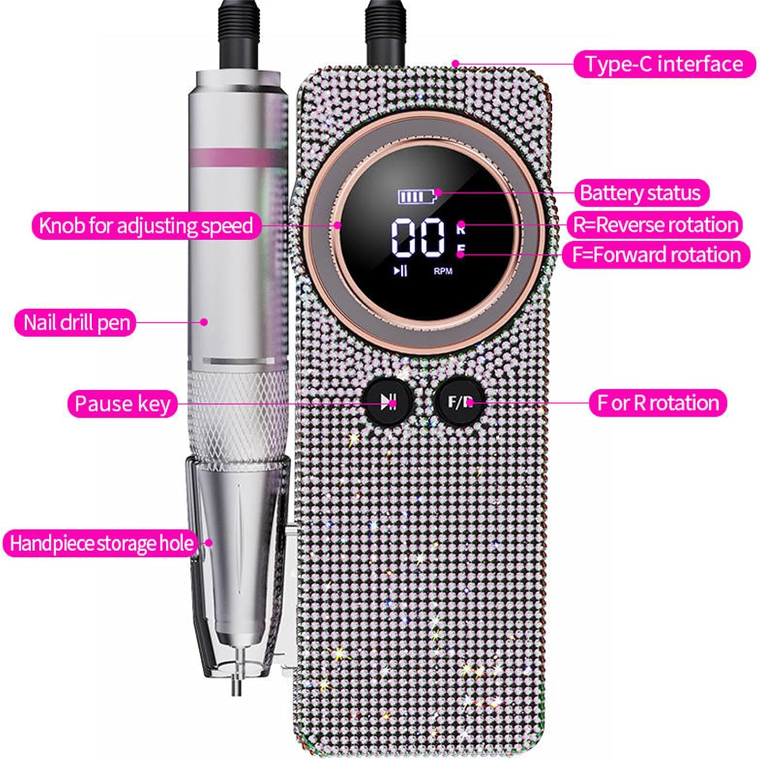 Bouzaak Professional Electric Nail Drill Kit,Diamond Shiny Rechargeable Nail Grinding Machine Low Noise Nail Polishing for Acrylic Gel Nails image number 1