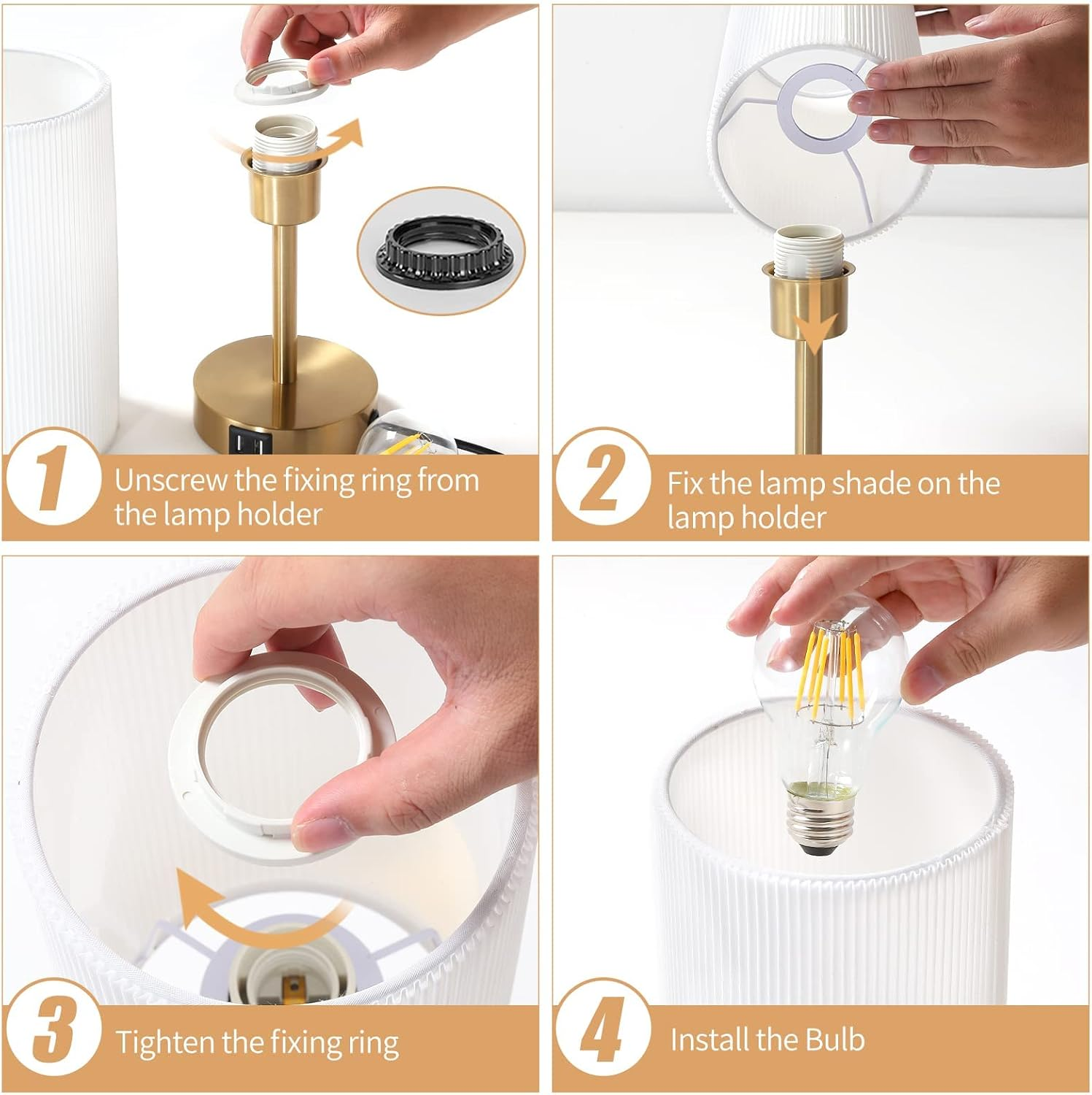 Kinsdan Bedside Table Lamp, Touch Control Bedside Lamp with USB Port, Dimmable Nightstand Lamp with Fabric Shade, Desk Lamp for Living Room, Dorm, Home, Office (LED Bulb Included), White image number 1