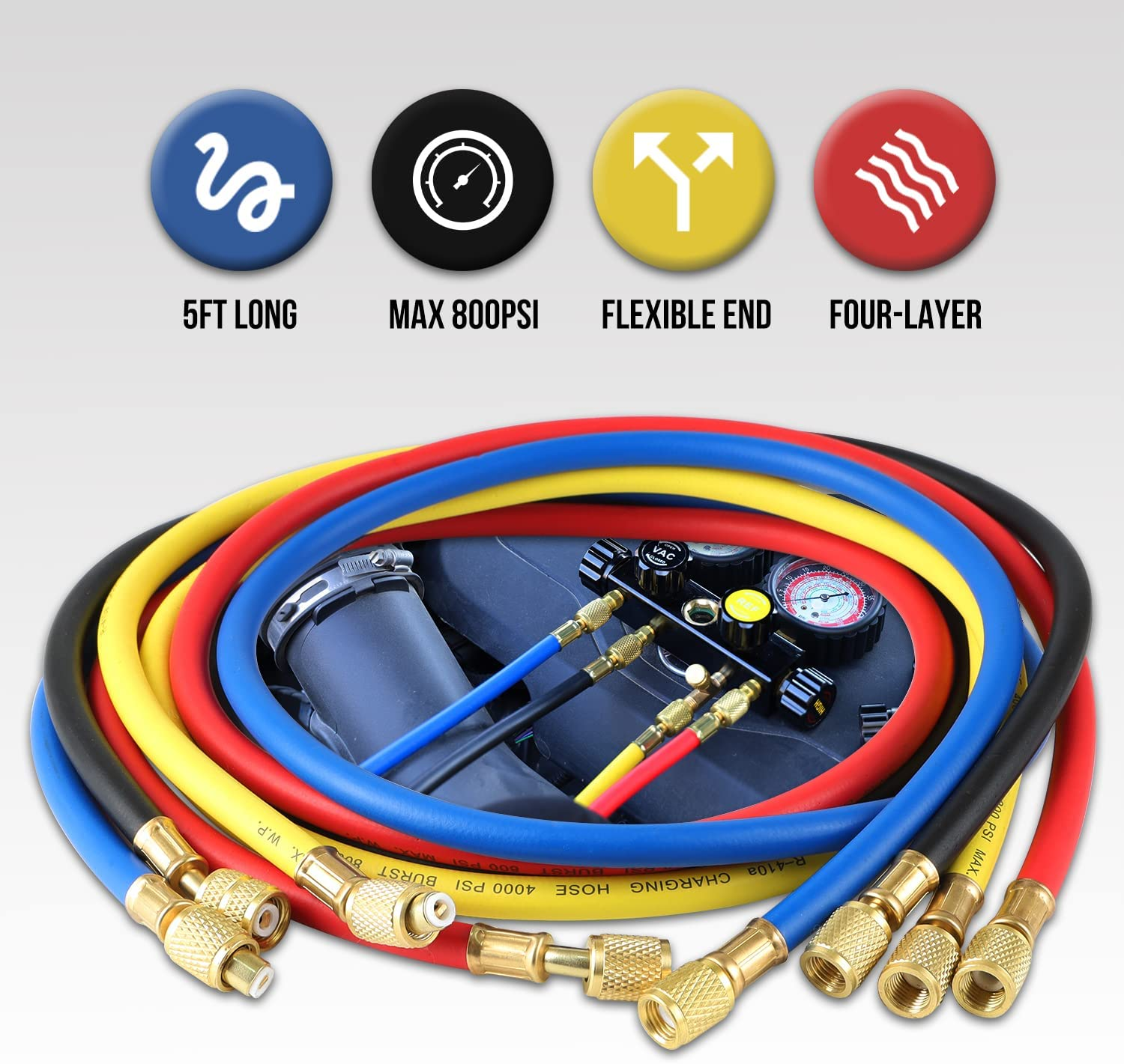 Lichamp HVAC Gauges with Hoses, AC Manifold Gauge Set R410A R134A R12 R22 Refrigerant Gauges image number 1