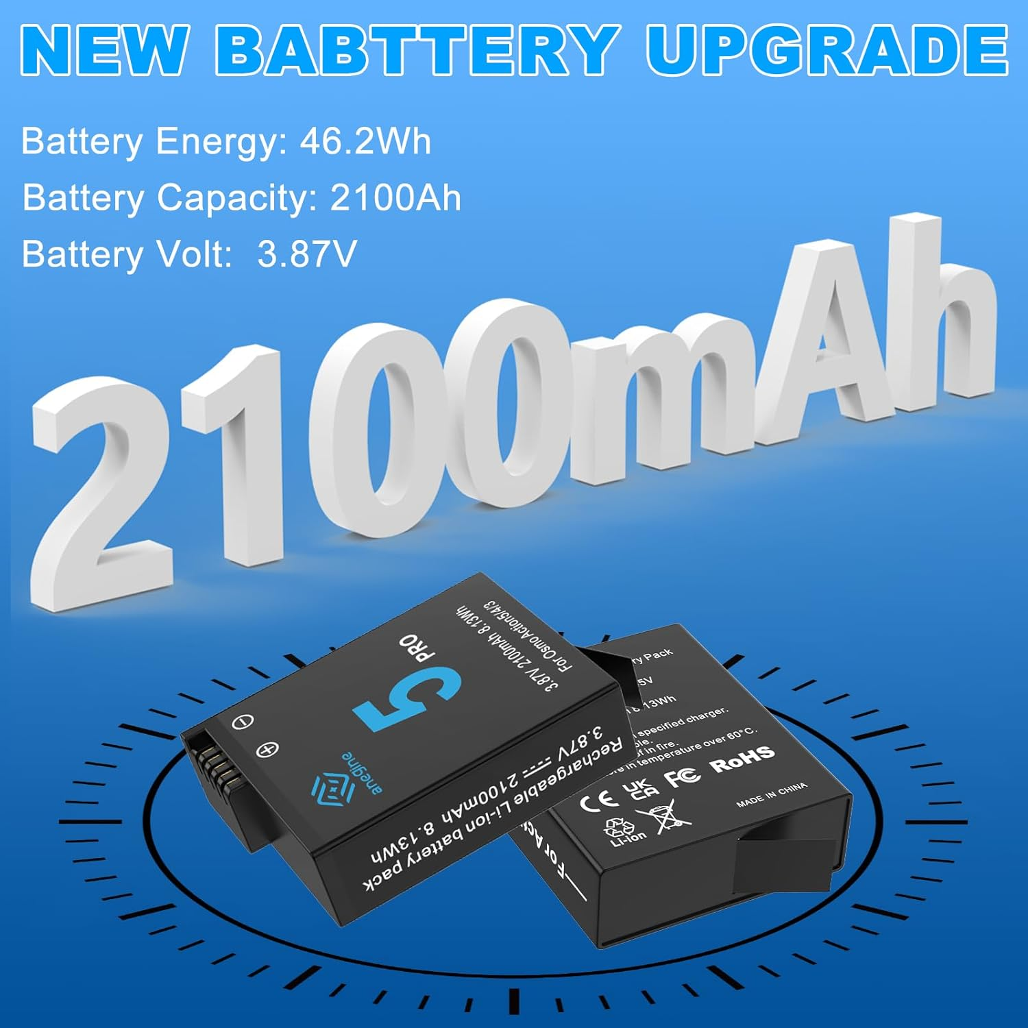 Osmo Action 5 Pro 4 3 Battery 1800Mah and Dual Charging USB LED Charger Kit for DJI Osmo Action 5 Pro/Dji Osmo Action 4 / DJI Osmo Action 3 (2-Pack)