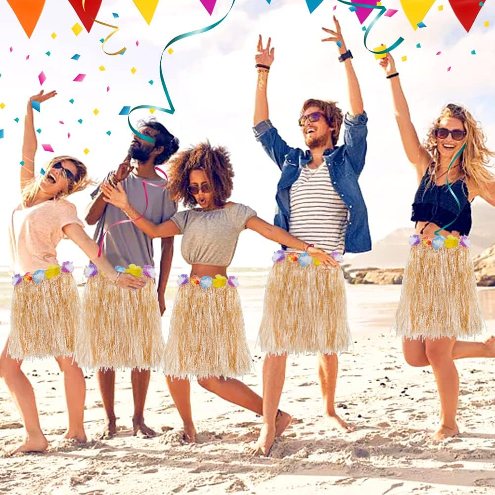 Homiliky 6 Pcs 40Cm Hula Grass Skirt Hawaiian Leis Dance Dress Set with Flower,Elastic Skirt Golden Straw Color for Hawaiian Aloha Beach Summer Party Supplies image number 3