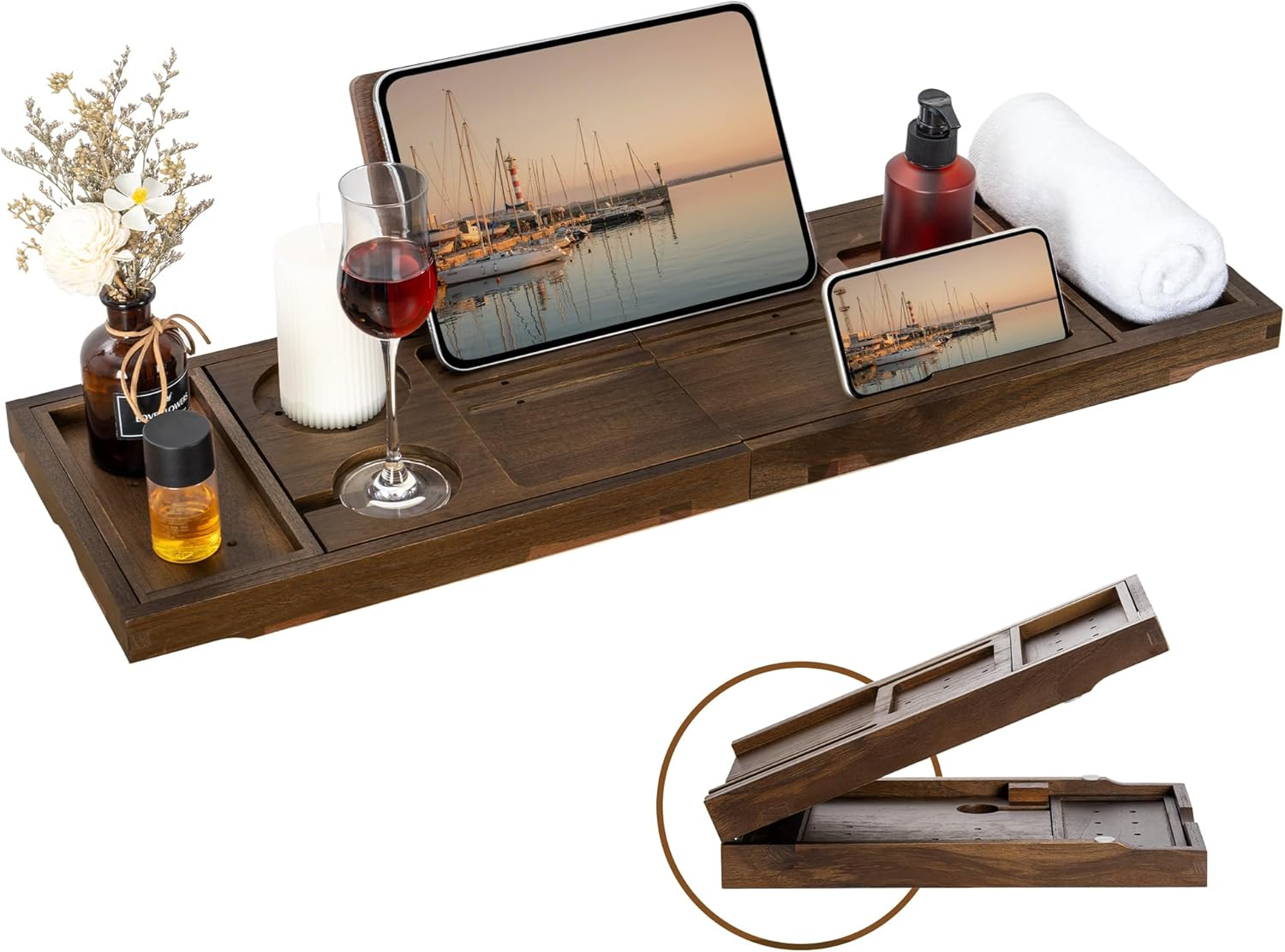 Teak Bathtub Tray - Luxury Bath Tray with Expandable Handles, Wine Glass and Phone Holders, Book Stand - Perfect for Home Spa Relaxation and Reading - Natural Bath Accessories - Light Walnut Color