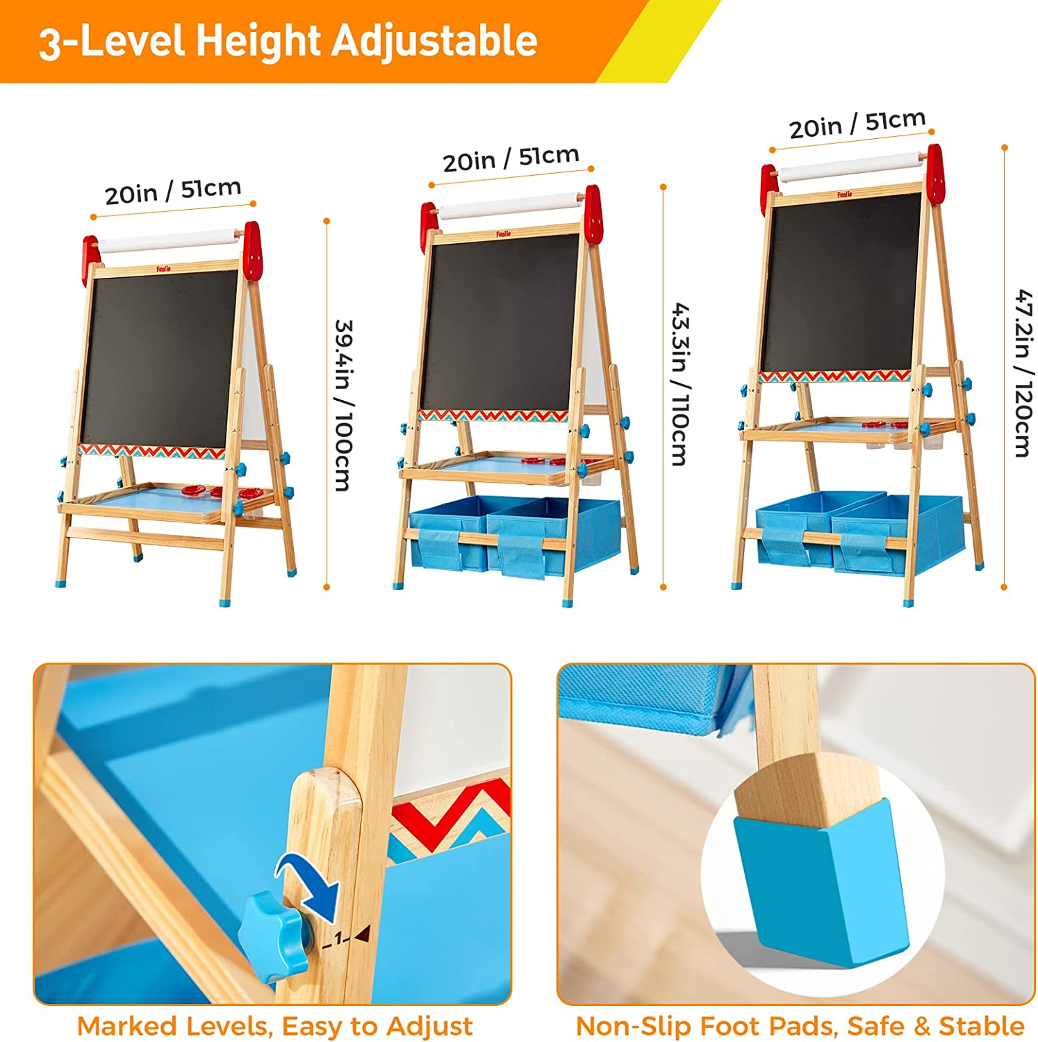 FUNLIO Art Easel for Kids Aged 2-8, Anti-Warp Board & Erasable Frame, Toddler Painting Easel with Magnetic Chalkboard/Whiteboard, 3-Level Height Adjustable, All-In-One Standing Easel with Paper Roll image number 6