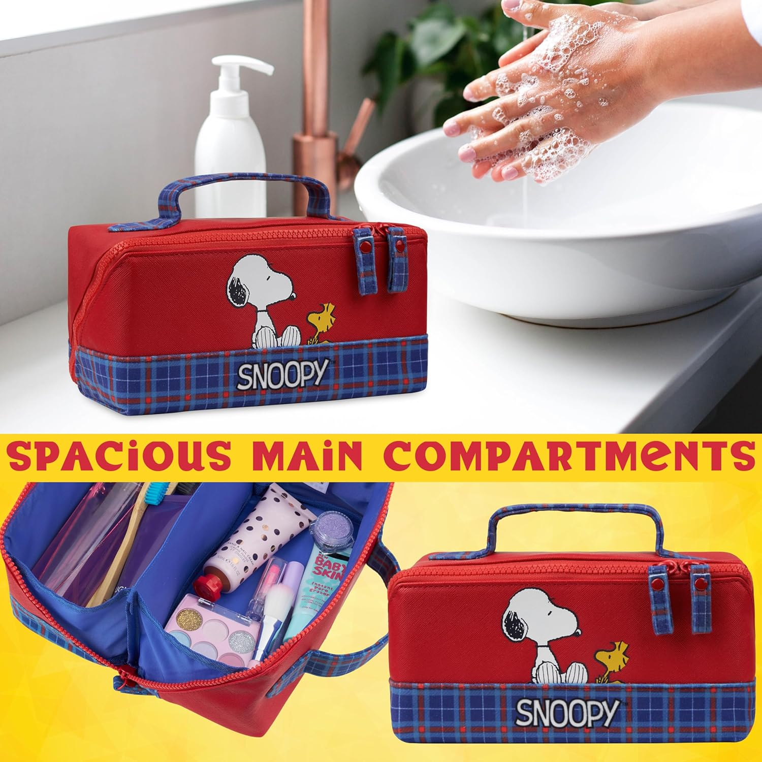 Get Trend Toiletry Bag Women Teens Travel Essentials Makeup Wash Bag Internal Pocket Kids Bathroom Gym Holiday Gifts for Her, Red Snoopy, 22X11X11Cm, Snoopy image number 2