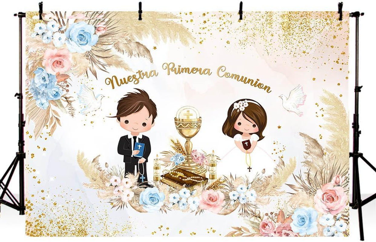 MEHOFOND 2.1 X 1.5 M Boy and Girl Twins Christening Background Our First Communion Bohemian Flowers Pencil Grass Photography Background Cross Christening Party Decoration Banner Props image number 3